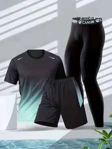 Men's Sporty Tee Set, Short Sleeve + Shorts + Leggings, Quick-Dry Breathable Fabric, Ideal for Running Cycling Hiking Gym Boxing Training, Fitness Training Clothes