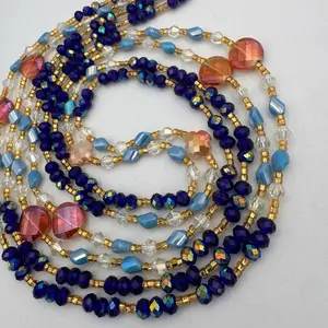 Blue Luxury Tie-On Waist Beads | Faith-Inspired Body Jewelry | Handmade Waist Beads for Women 45Inches
