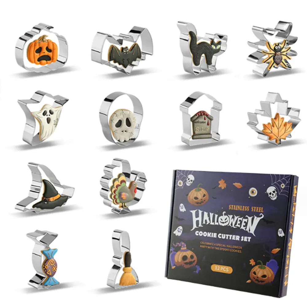 12PCS Halloween Cookie Cutters Set, Food Grade Stainless Steel, Pumpkin Ghost Witch Hat Shapes, For Kids DIY Baking Party Baking Enthusiasts Gift, With Storage Box Dishwasher Oven Safe, Biscuit Fondant Chocolate Cake Decor Molds