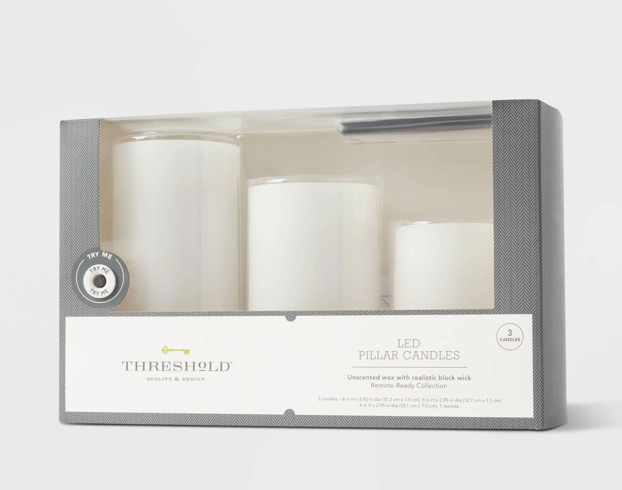 3pc Threshold LED Flameless White Pillar Candles Variety Pack w/ Remote
