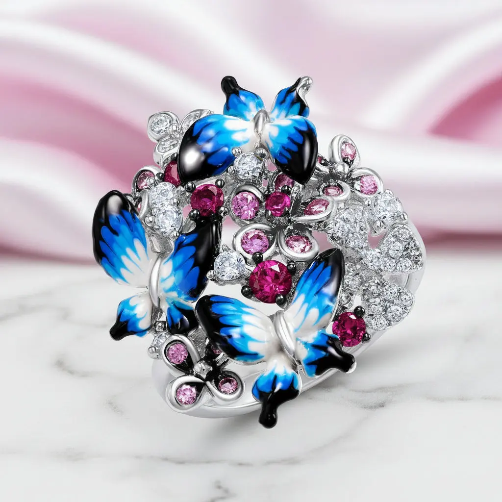 Enamel Butterflies with Diamond Option Ring