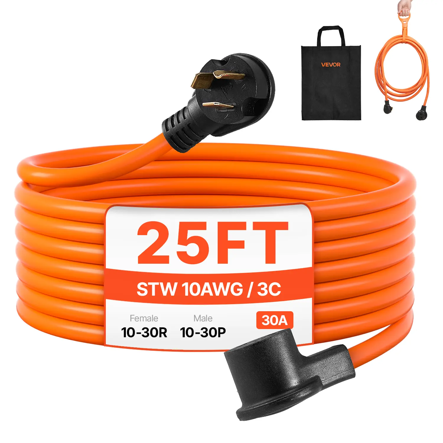 【Summerfinds】VEVOR 25 ft Heavy Wire Dryer Extension Cord, 3-Prong Design NEMA 10-30P to 10-30R, 125V/250V STW 10AWG/3C 30A Pure Copper Cable, Weatherproof, Water Resistant, W/ Black Non-Woven Storage Bag & PVC Cable Tie, Ideal for Indoor Home Use, Classic