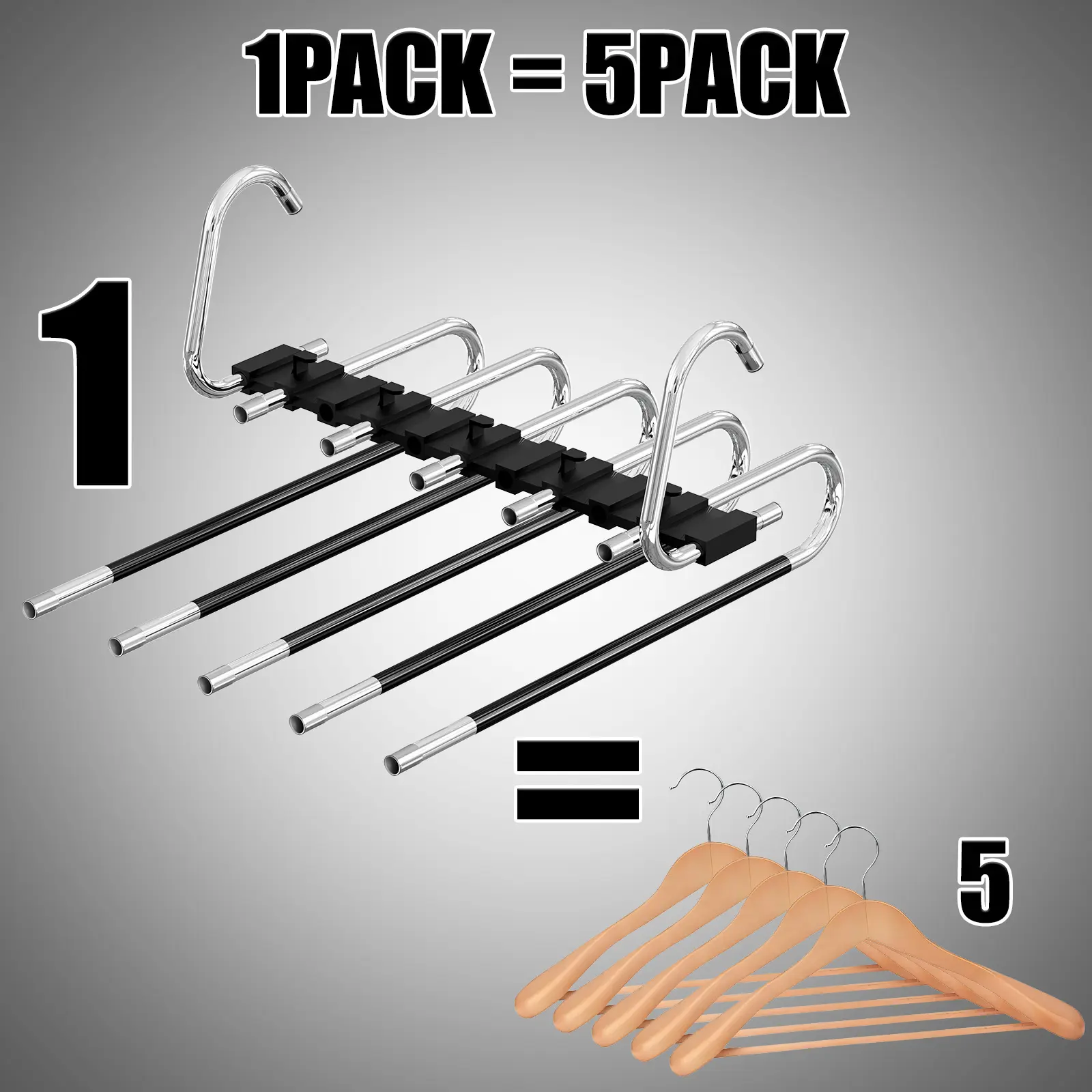 DGAPHRO 5-in-1 Space Saving Pants Hangers - Sturdy Stainless Steel Multi-Tier Closet Organizer, Anti-Slip 5-Layer Hanging Rack for Jeans, Trousers, Skirts & Scarves (Vertical & Horizontal Mode).