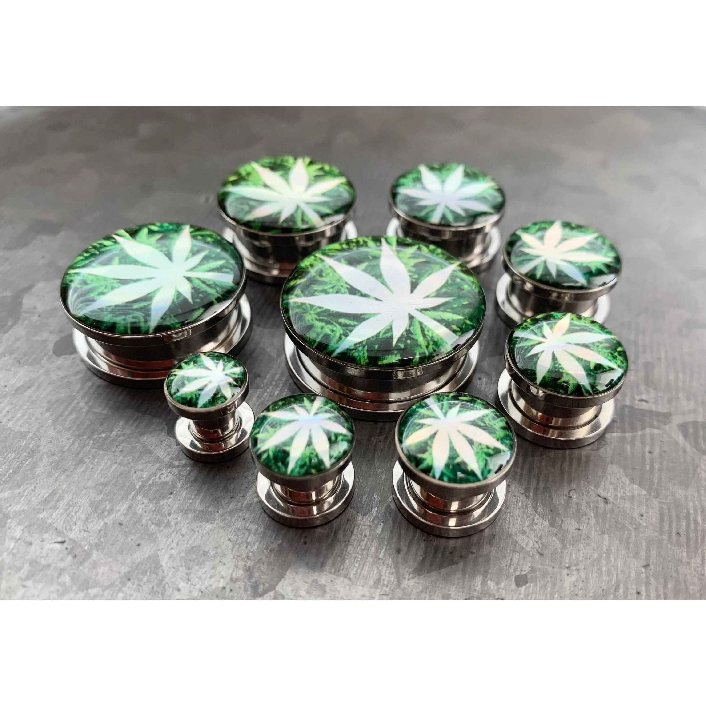 PAIR of Unique Hologram Pot Leaf Screw Fit Surgical Steel Tunnels/Plugs - Gauges 2g (6mm) thru 1" (25mm)