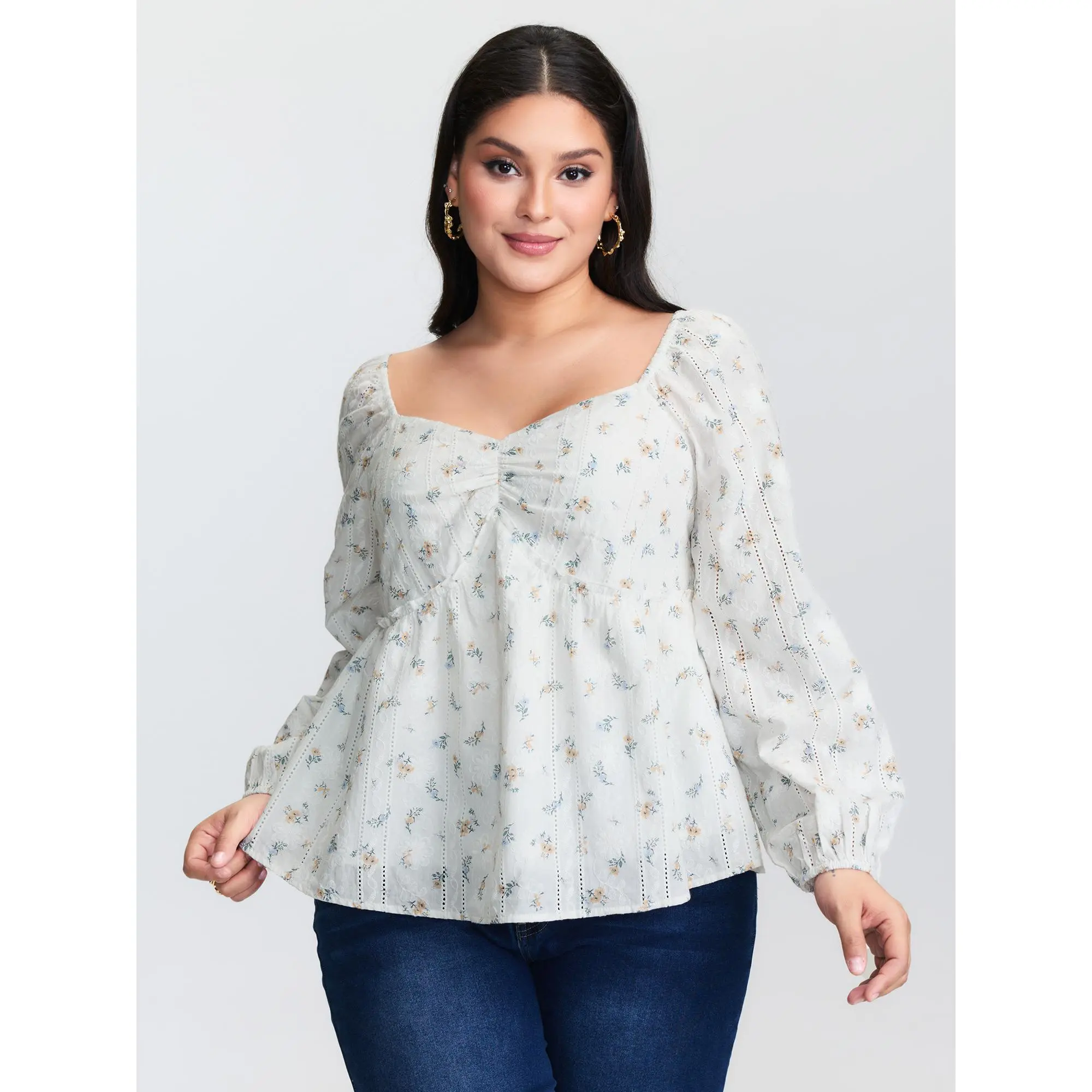 Women's Plus Size Blouse, Romantic Ditsy Floral 100% Cotton Top with a Sweetheart Neck, Long Sleeves, and Shirred Details, Fit
