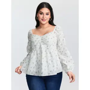 【Summer Turn-Up】BlOOMCHIC Plus Size Floral Sweetheart Neckline Ruched Blouse [1x-6x] 2026 Summer Pick for Mother's Day