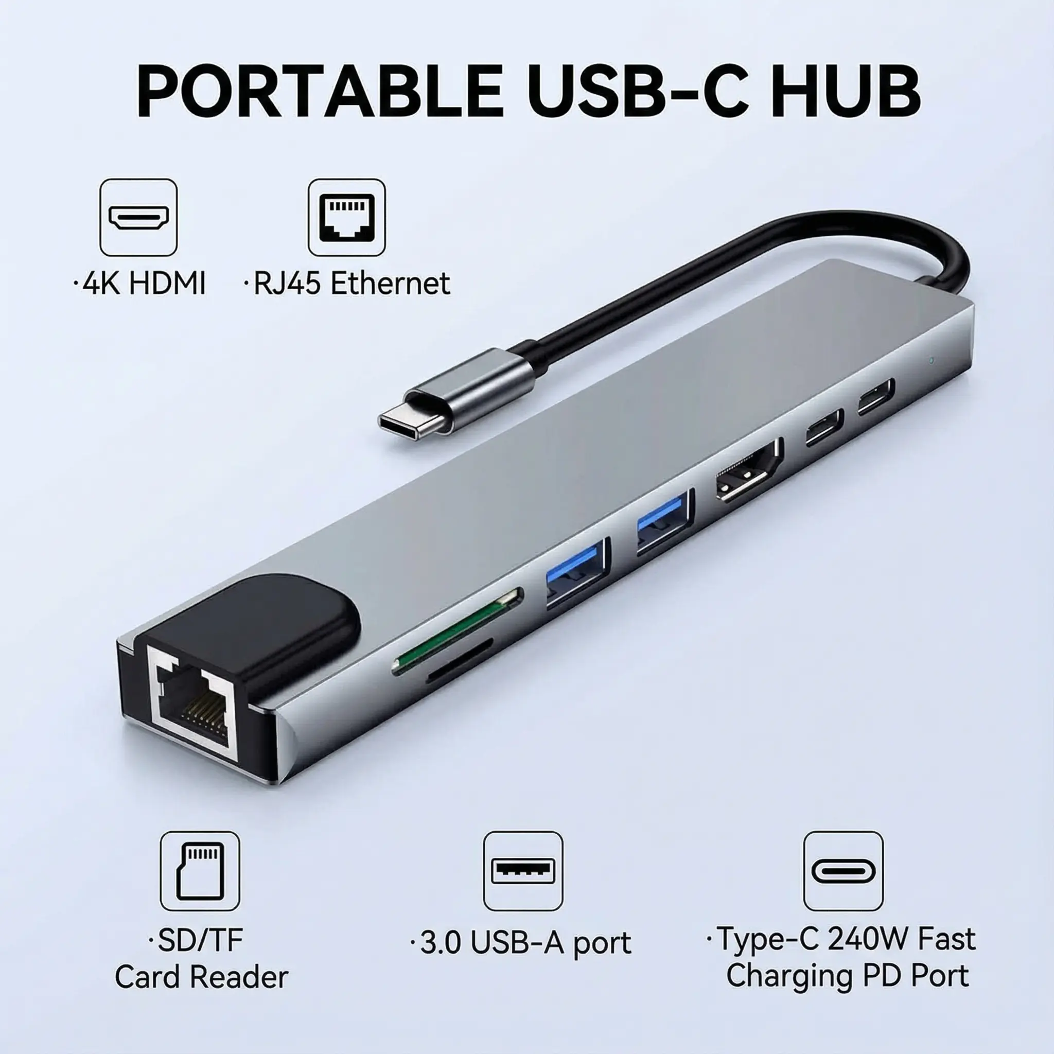 8 in 1 USB C Multiport Docking Station, Gigabit RJ45 Ethernet Port, 4K HDMI Output, SD TF Card Reader, Dual USB3.0, 240W PD Fast Charging Portable Type-C Hub for MacBook Windows Laptop