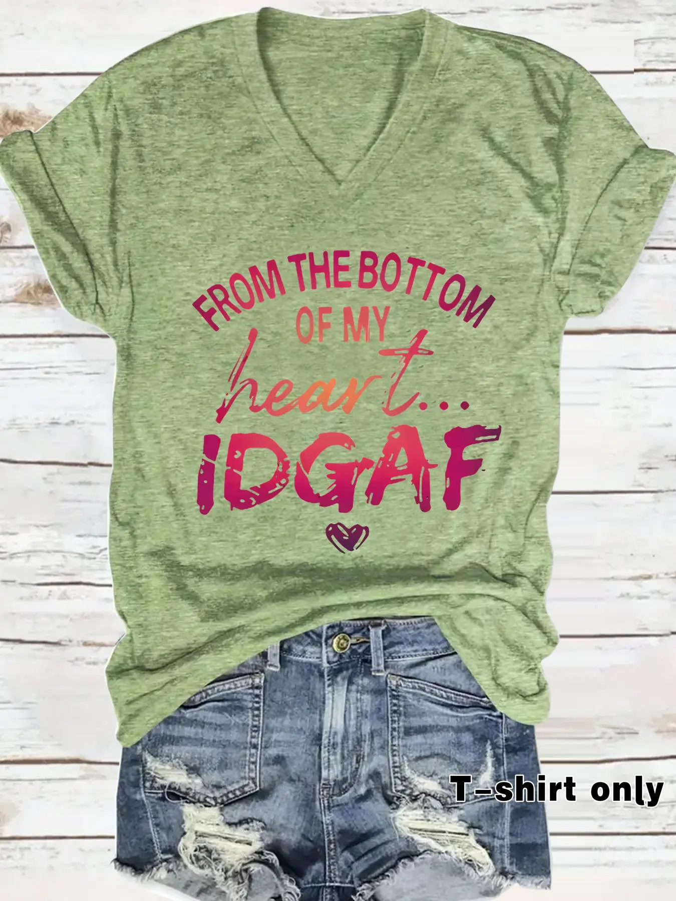 Women's "FROM THE BOTTOM OF MY HEART" V Neck Tee, Casual Fashion Short Sleeve T-shirt for Daily Wear, Ladies Clothes for Summer