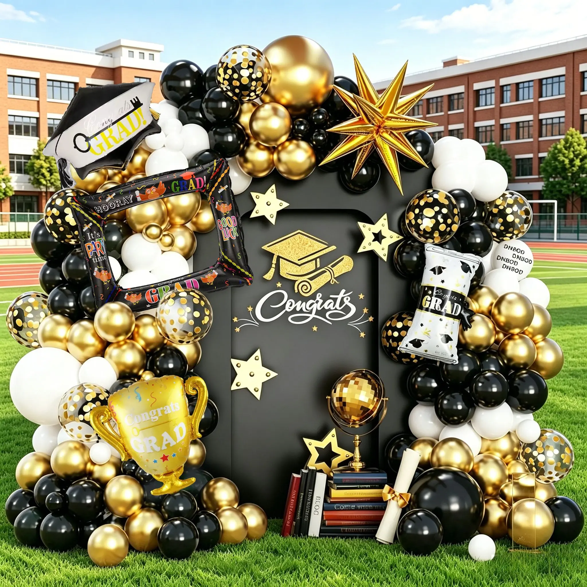 135 Piece Graduation Party Decoration Set, Includes Frame, Trophy, Confetti Stars, Caps, Certificates, Latex & Foil Balloons, Party Supplies