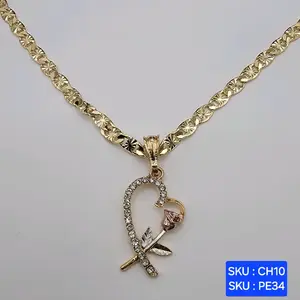 Heart with Rose and Clear Stones 3 Color Pendant Laminated Gold Jewelry Elegant Design Chain 24 Inches 5 Millimeters SKU CH10 PE34