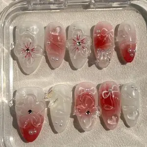 BHI Handmade nails 3D Reusable Handmade Press-On Nails – Acrylic, REUSABLE 3D Gel Summer 2025/Prom Minimalist Art Starter removable pink nail