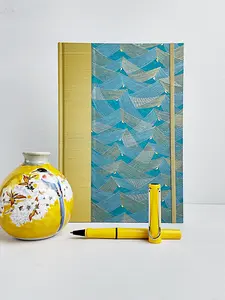 NEW B5 192-page Hardcover Journal finished in Blue and Gold Chiyogami Paper and Yellow Gold Japanese Book Cloth