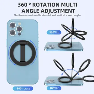 Magnetic Phone Ring Holder Foldable Multifunctional Car Desktop Pop Socket Cellphone Stand Mount Portable Lightweight Strong Adsorption 360° Rotation 180° Folding Dual Use for Car & Desktop Adjustable Landscape Smartphone Mount
