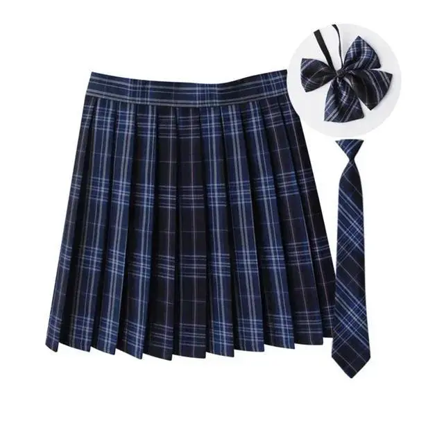 Women Summer Plaid Pleated Skirt With Necktie Bowtie Korean Jk Skirt Uniform Japanese School Preppy A Line Mini Skirts
