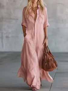 2026 Long Dress with Shirt Collar and Button Design, Fashionable Patchwork Pocket Detail, European, American and Bohemian Style Cross-Border Export
