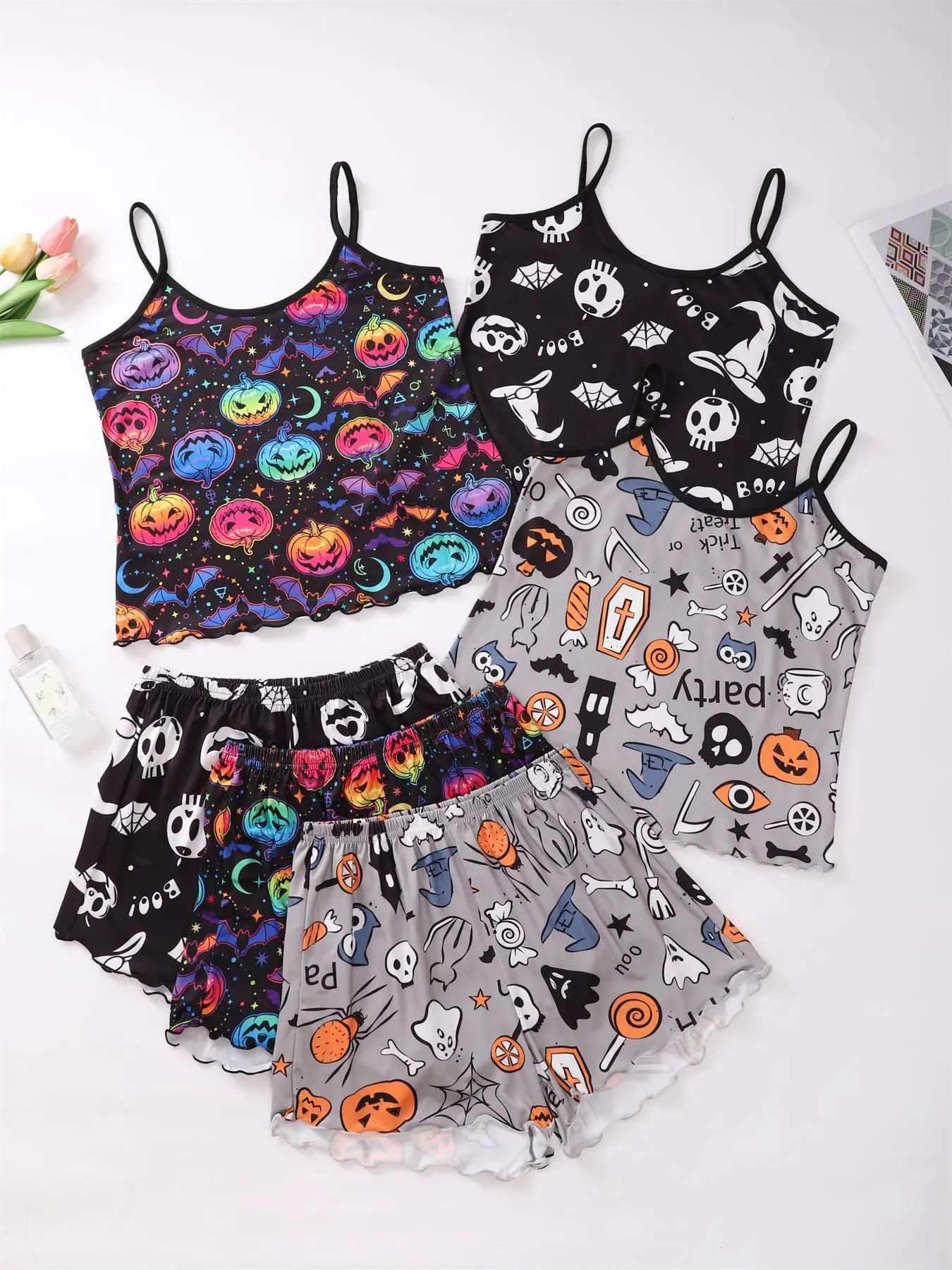 Halloween 6-Piece Sexy Cute All Seasons Lingerie Nightwear Pajama Set for Women, Fitted Sheer Lace Design, All-Season Comfortable Sleepwear Loungewear Collection Pjs Print