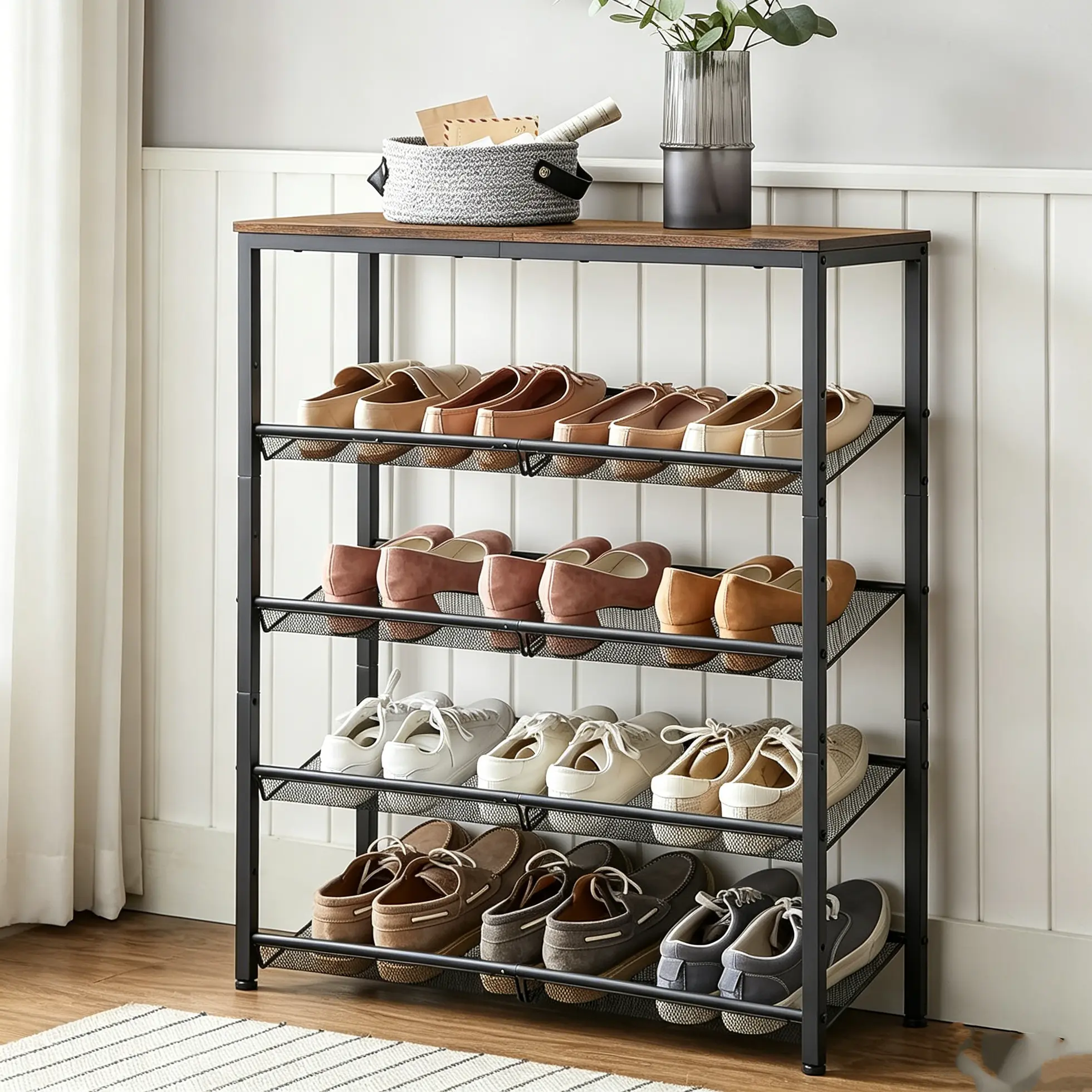 Shoe Rack For Entryway,5-Tier Shoe Rack Organizer, Adjustable Metal Mesh Shelves, Spacious Floor-Mount Unit for, Holds 12-16 Pairs of Shoes