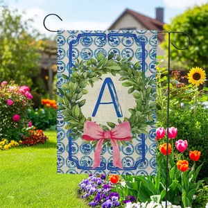 Chinese Garden Letter Flag Yew Wreath Pink Bow 12x18 Inch Burlap Spring Easter Summer Holiday Outdoor Decor Welcome Porch Farmhouse Aesthetic Garden Decorations outdoorfun