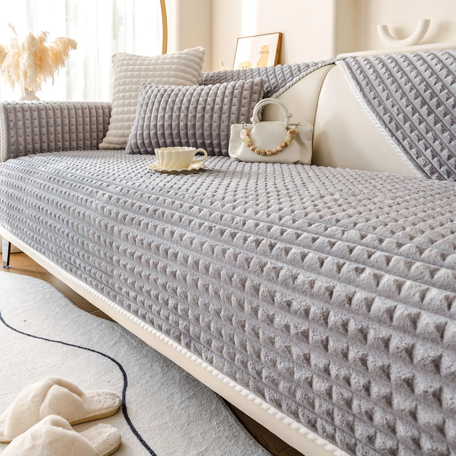 Luxury Thick Gingham Grid Textured 1-Piece Sofa Cover - 1 Count, Soft Bubble Fuzzy, Non-Slip, Washable, Pet-Friendly Modern Living Room Protector (Adds Cozy Warmth) for Sectional, Loveseat, 3-Seater Couch, One-Piece