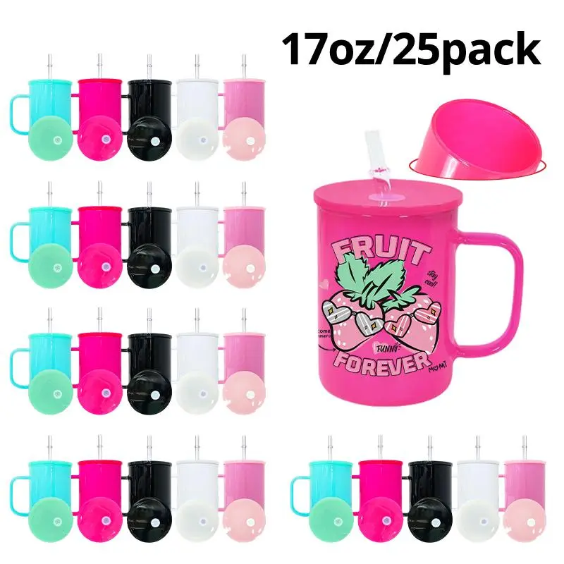 25-Pack 17oz Sublimation Color Glass Mugs, Reusable Drinkware Bulk Set with Handle, Lid & Straw, USA Warehouse Wholesale for Iced Coffee, Beer