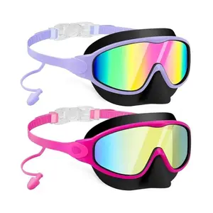 New Kids Swimming Goggles with Earplugs, Large Frame Anti-Fog UV Protection, Ages 3-15 Boys Girls, 2 Pack, Silicone Material