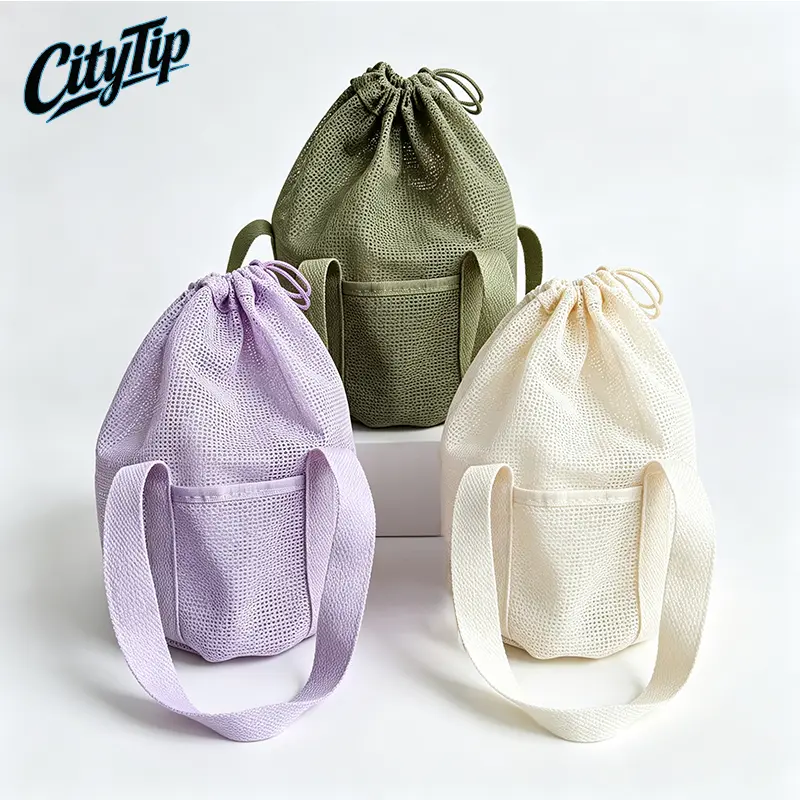 Mesh Fabric Shower Tote Bag - Quick-Dry Drawstring Closure Bath Caddy Organizer with Front Pocket, Portable Toiletry Bag for Travel/Dorm Gym Essentials, Functional