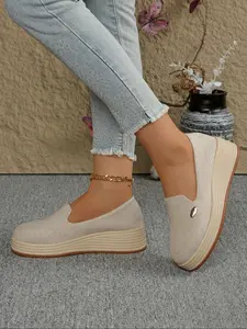 New Round Toe Solid Color High Heel Low Cut Wedge Women's Shoes, Fashion Casual Loafers Slip-On Lazy Shoes for Daily Wear Footwear