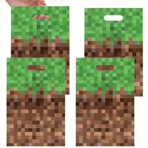 Pixel World Grass Block Theme Candy Gift Bags, Loot Bags, Minecraft Party Plastic Favor Bags, Birthday Decorations, Pixel Style Gift Bags