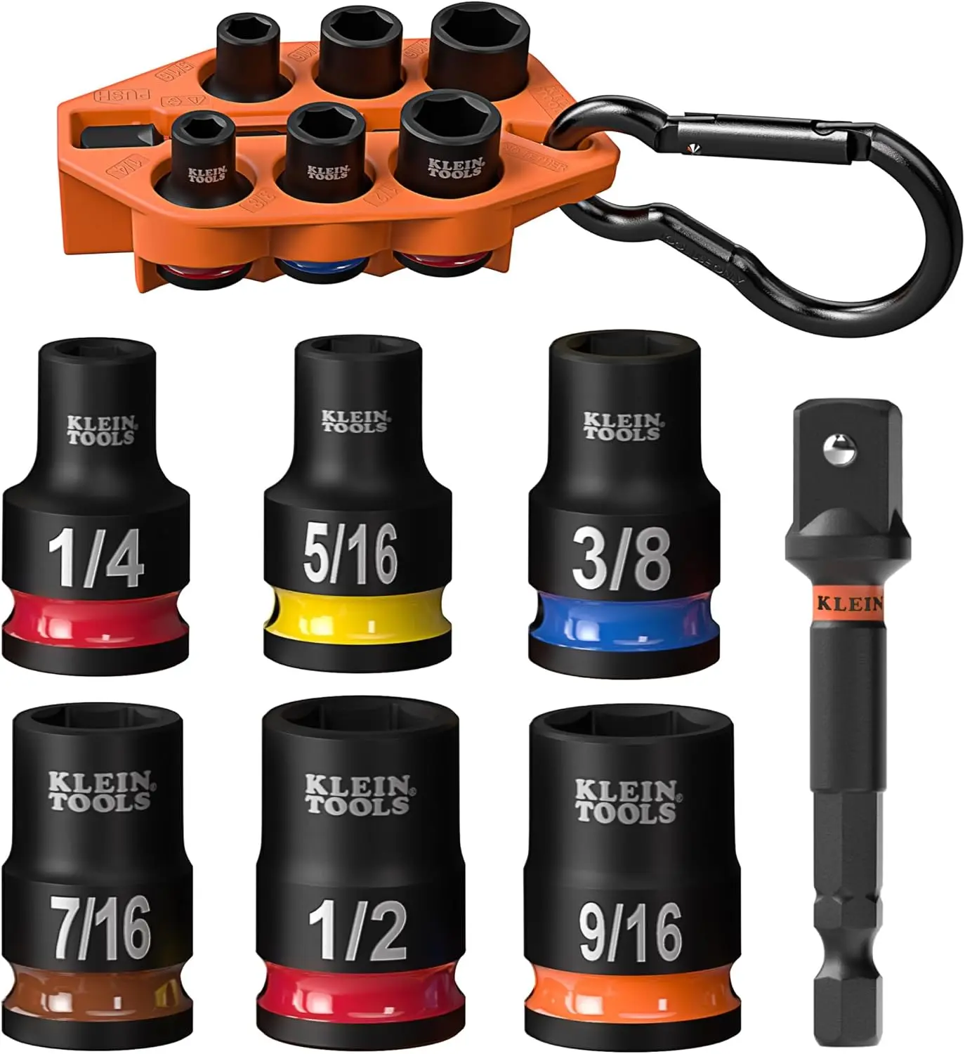 Tools 33808 Grab-And-Go Impact Socket Set, SAE, 7-Piece Set with Sleeve, Carabiner, and 3/8-Inch Drive, Color-Coded 1/4, 5/16, 3/8, 7/16, 1/2, and 9/16-Inch Sockets