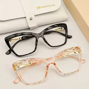HAITONGCR Women's Medium-Large Cat Eye Square Reading Glasses Eyewear Frame - TR90 Lightweight Eyewear, Faceted Edge Thick Rims, Gold Metal Temples, Glossy Finish, Face-Flattering Single Item for Office & Daily Wear (Black/Clear Pink)