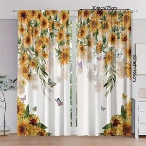 2pcs Farmhouse Sunflower Pattern Digital Print Curtains, Semi-Transparent Polyester, Fade Resistant, Hand Washable, Home Decor, Window Decoration