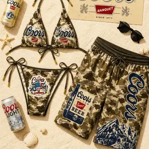 Coors Aloha Matching Couple Swimwear Set 2026 – Tie-Side Bikini & Men’s Hawaiian Beach Shorts, Summer Vacation Outfit
