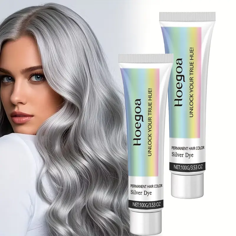 2pcs Semi-Permanent Gray Hair Color Cream - Long-Lasting Hair Dye with Nourishing Plant Extracts, Nourishing Hair Pigment for Rich Cool Silver Finish, Home Use Premium Hair Dye for Stunning Silvery Hair Look, Metallic Silver Hair Color
