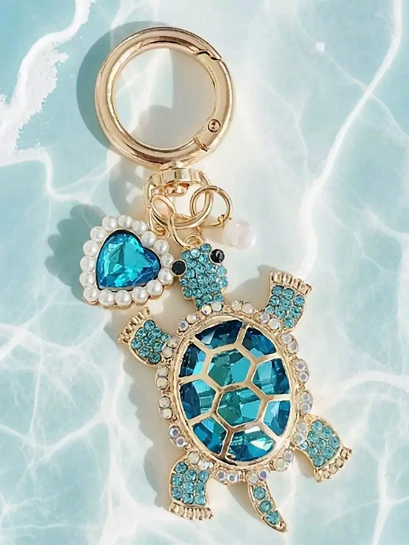 Ocean Blue Crystal Turtle Bag Charm Pendants, Pearl Heart & Turtle Bag Chain Charms, Marine Style Bag Decoration Keychain, Bag Pendant for Backpack Purse, Purse Accessories Charm, Cute Purse Charms