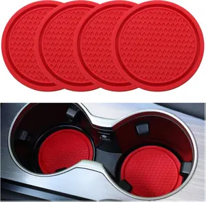 4PCS Non-Slip Car Cup Coasters with Embedded Ornaments, Universal Car Accessory, Red Interior Anti-Slip Mats