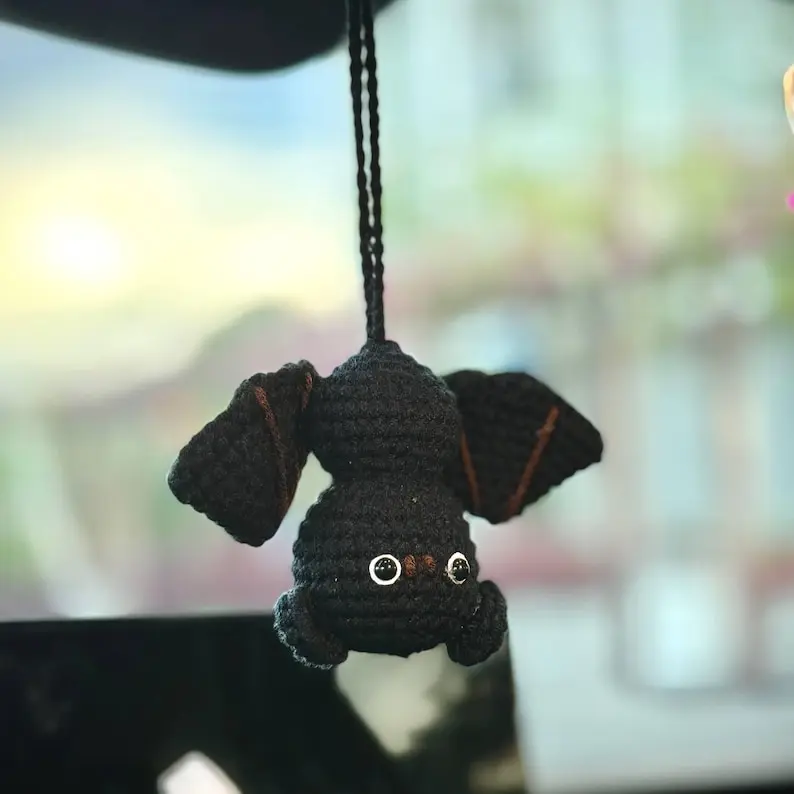 Cute Hand-Crocheted Cotton Yarn Bat Car Hanging Ornament - Car Decorations, Vehicle Decoration, Automotive Accessory, DIY Knitting & Crochet Haberdashery Toy for Halloween Gifting to Mom, Grandma, Birthday