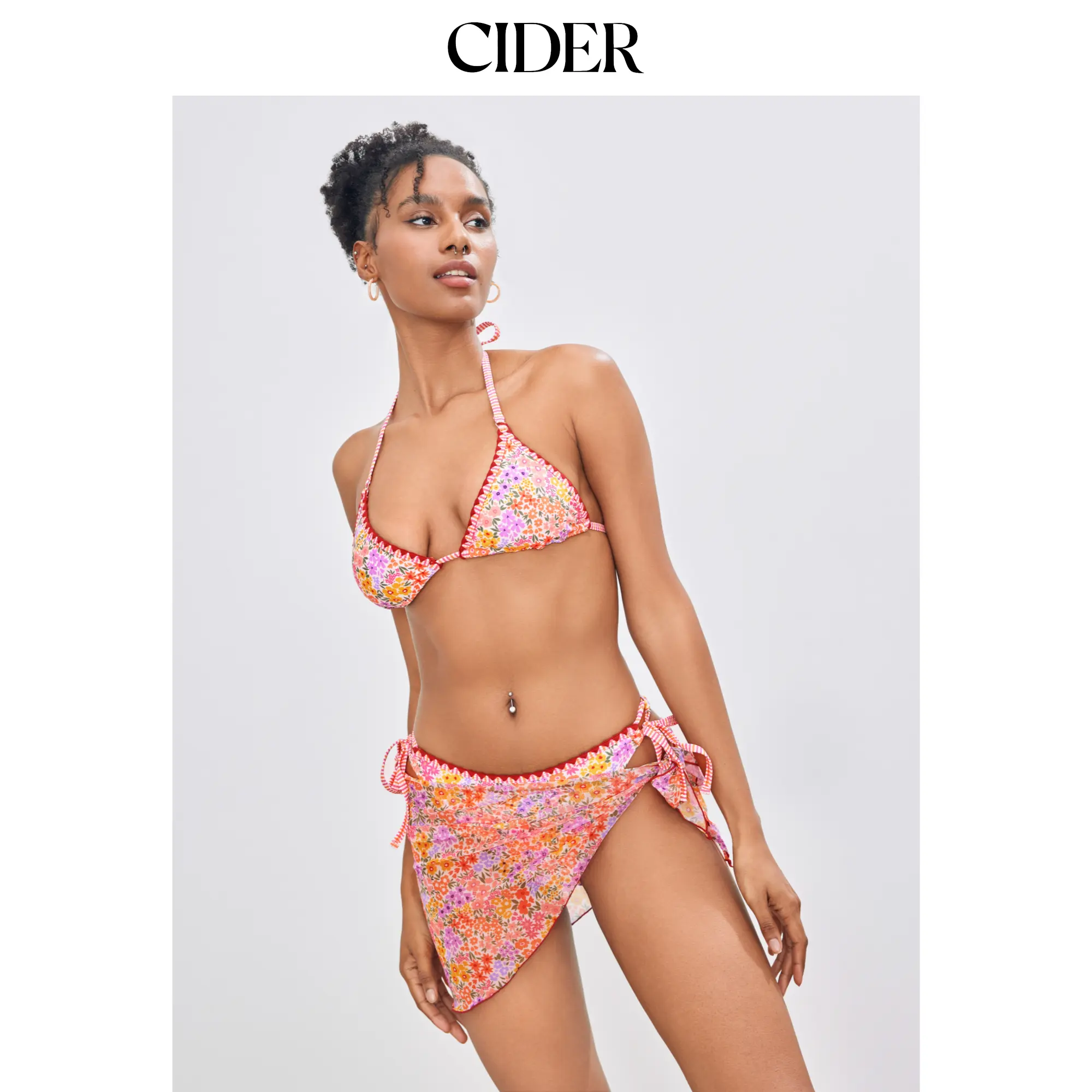 Cider V-neck Halter Floral Tie Side Bikini Swimsuit With Sarong, Swimsuits Bikinis, Halter-Front Bikinis Set