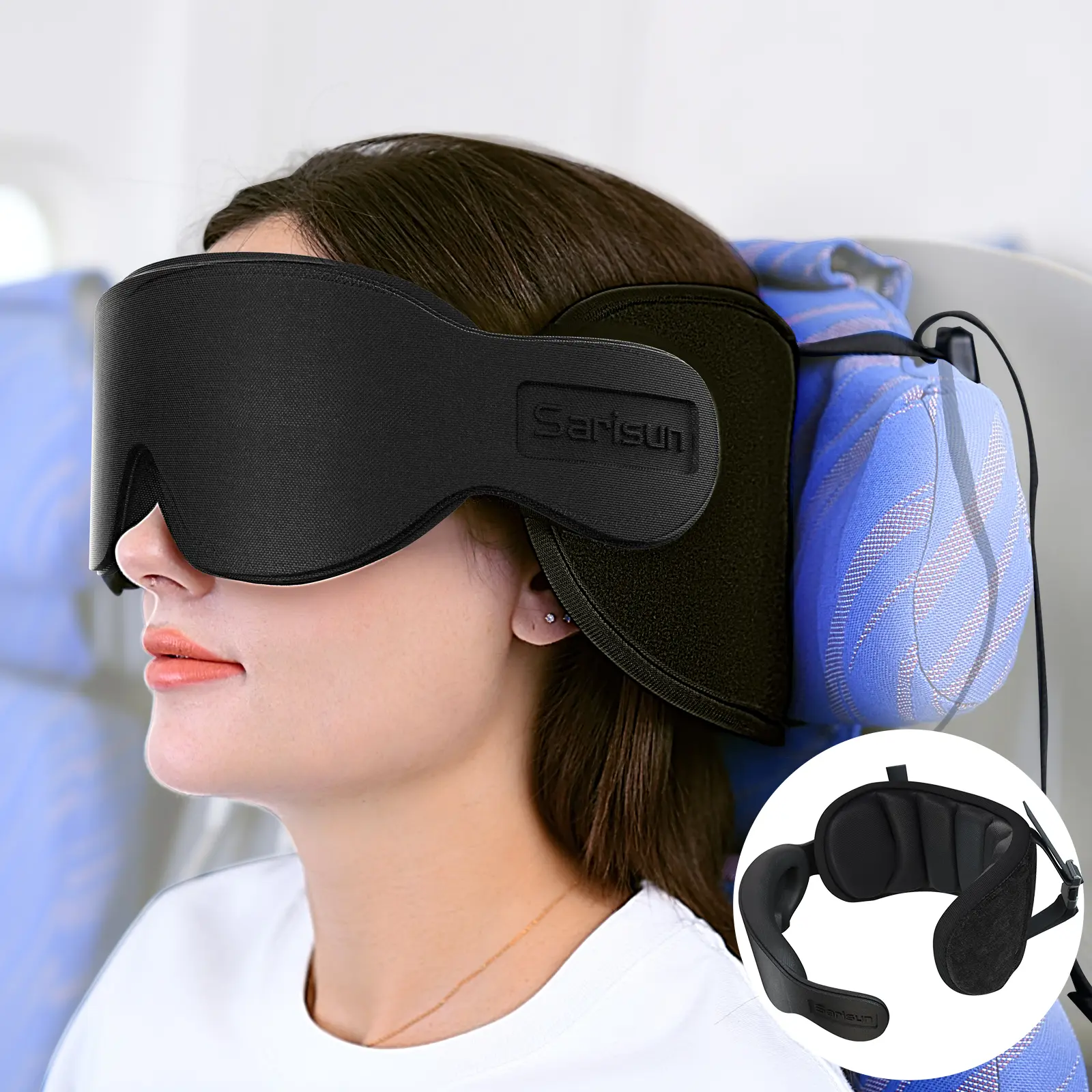 Only for 5+ hours long haul flight and non-budget airlines, SARISUN travel pillow - 360 headrest support with eye mask & head pad contraption, Airplane Head Strap with Eye Mask for Sleep, lightweight, compact, silky texture, Stop Bobblehead