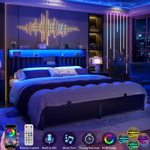 Cyclysio King/Queen/Full Size Bed Frame with Charging Station & Led Lights, Sturdy Metal Platform Bed with Leather Upholstered Headboard and Storage