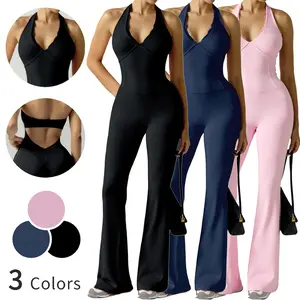 Women's Halter Neck Jumpsuits - Stretchy Nylon Fabric, Slim Fit, Perfect for Yoga, Running, and Fitness, Summer Casual Wear, Sporty Fashion, Comfortable Fit, Long Length, Sleeveless, Backless, Medium Stretch