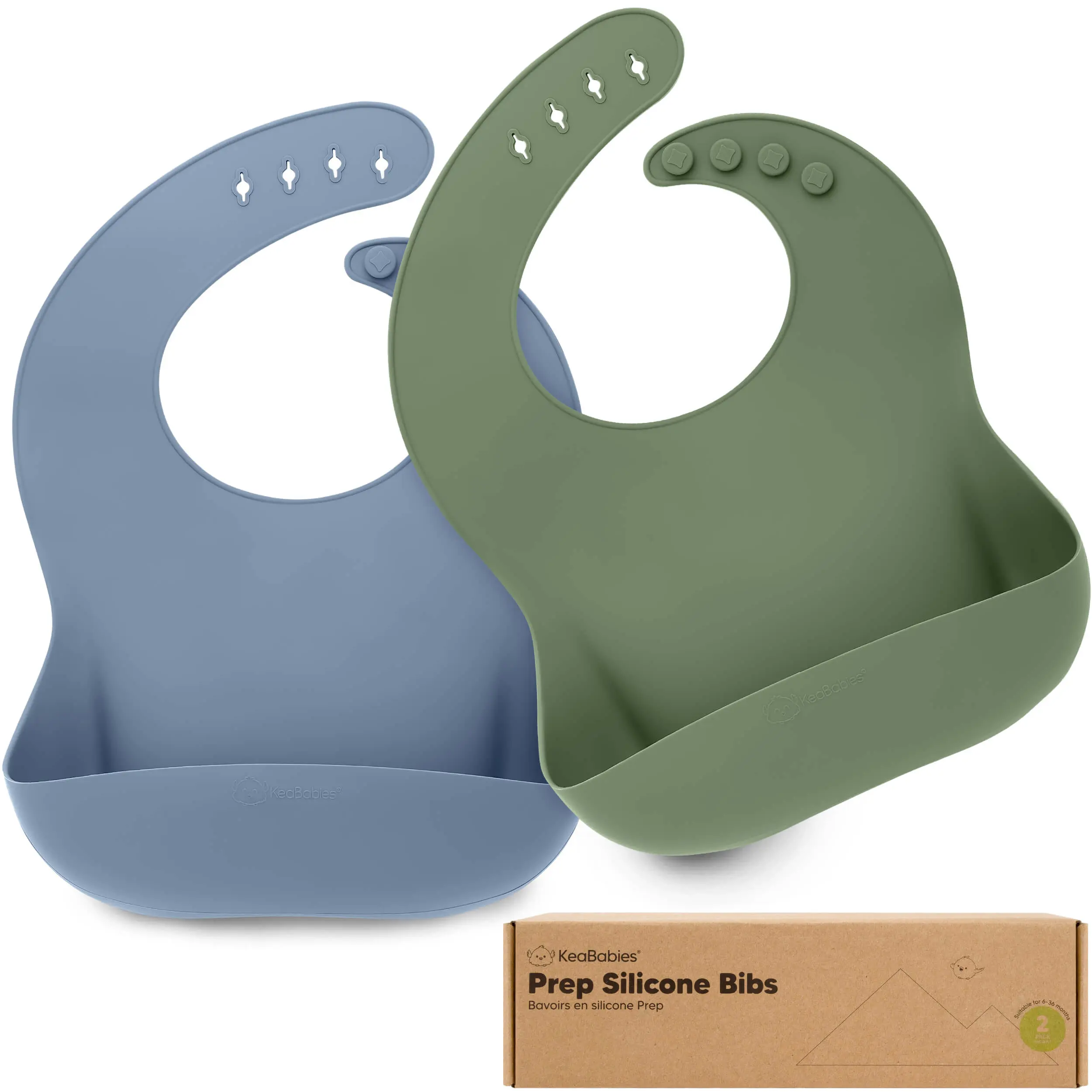 KeaBabies 2-Pack Silicone Bibs for Babies, Toddlers Girl, Boy – Sturdy Food-Grade Baby Bibs for Eating, Large Food Catcher, Clean & Put On Easily, Waterproof Toddler Feeding Essentials