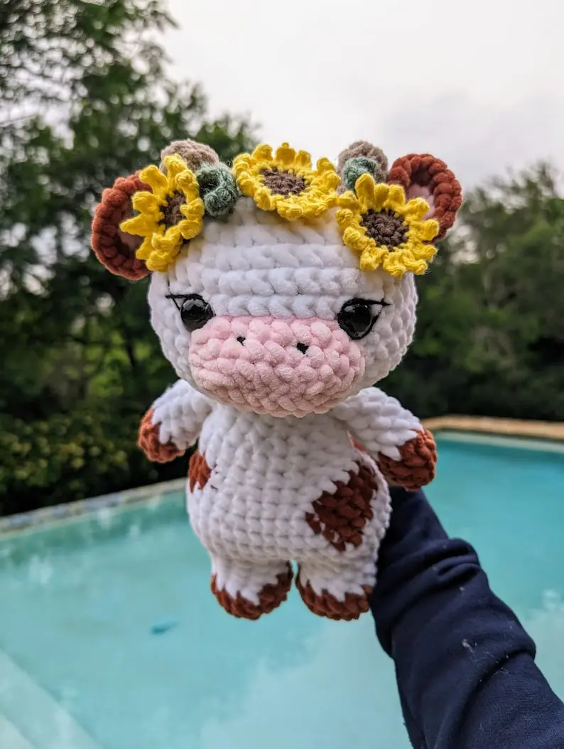 Amigurumi Sunflower Cow Crochet Plushie: Handmade Crochet Animal