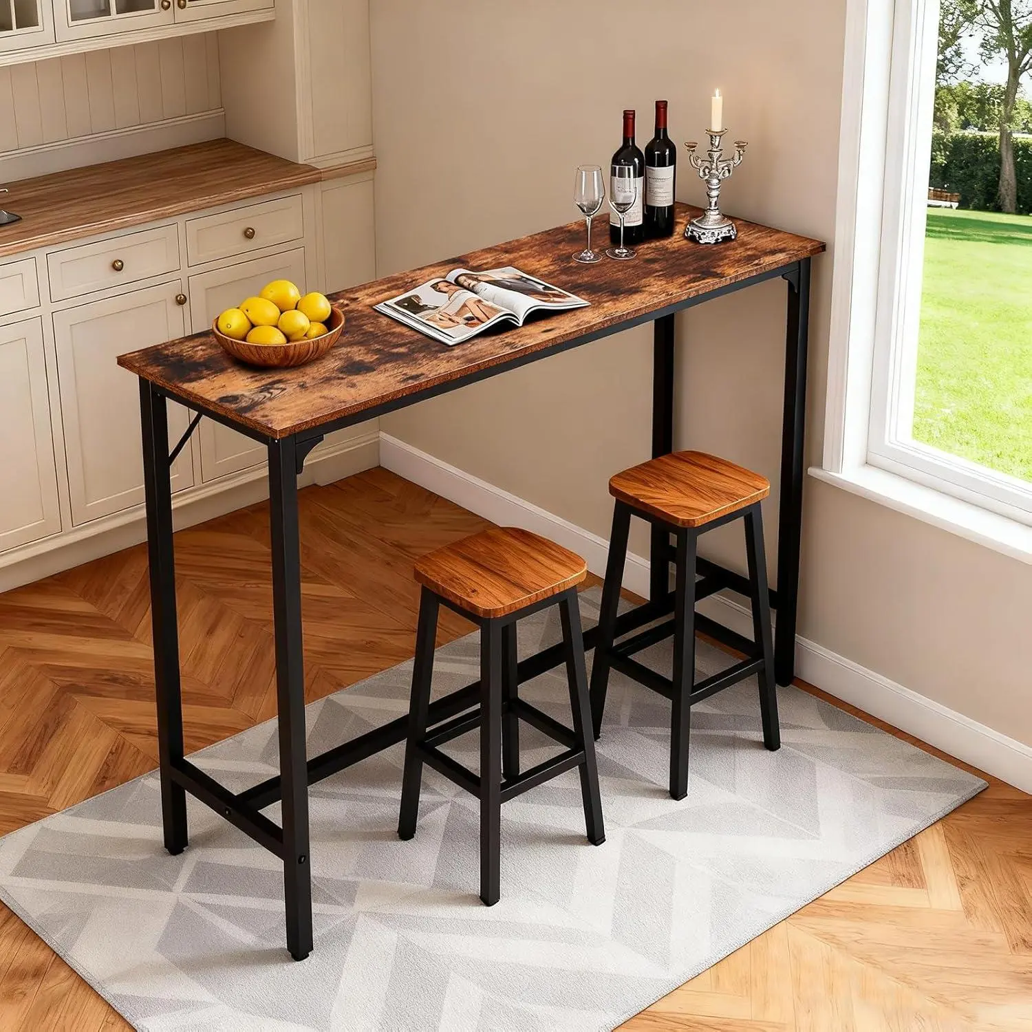 34.5" High Bar Table, Modern Industrial Narrow Pub Table with Sturdy Steel Frame & Premium MDF Top, Space-Saving Bistro Table for Kitchen Island, Cafe, Restaurant, Bar Lounge (40/44 Inch Length)