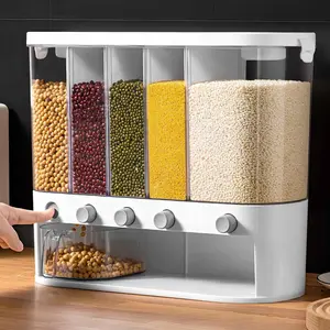 10L Airtight Transparent Kitchen Food Storage Container - Lightweight 5-Grain Compartment Countertop Rice Dispenser with Measuring Cup for Rice, Grains, Beans (White) | Airtight Food Storage, Plastic Kitchen Canisters, Portion Control Containers