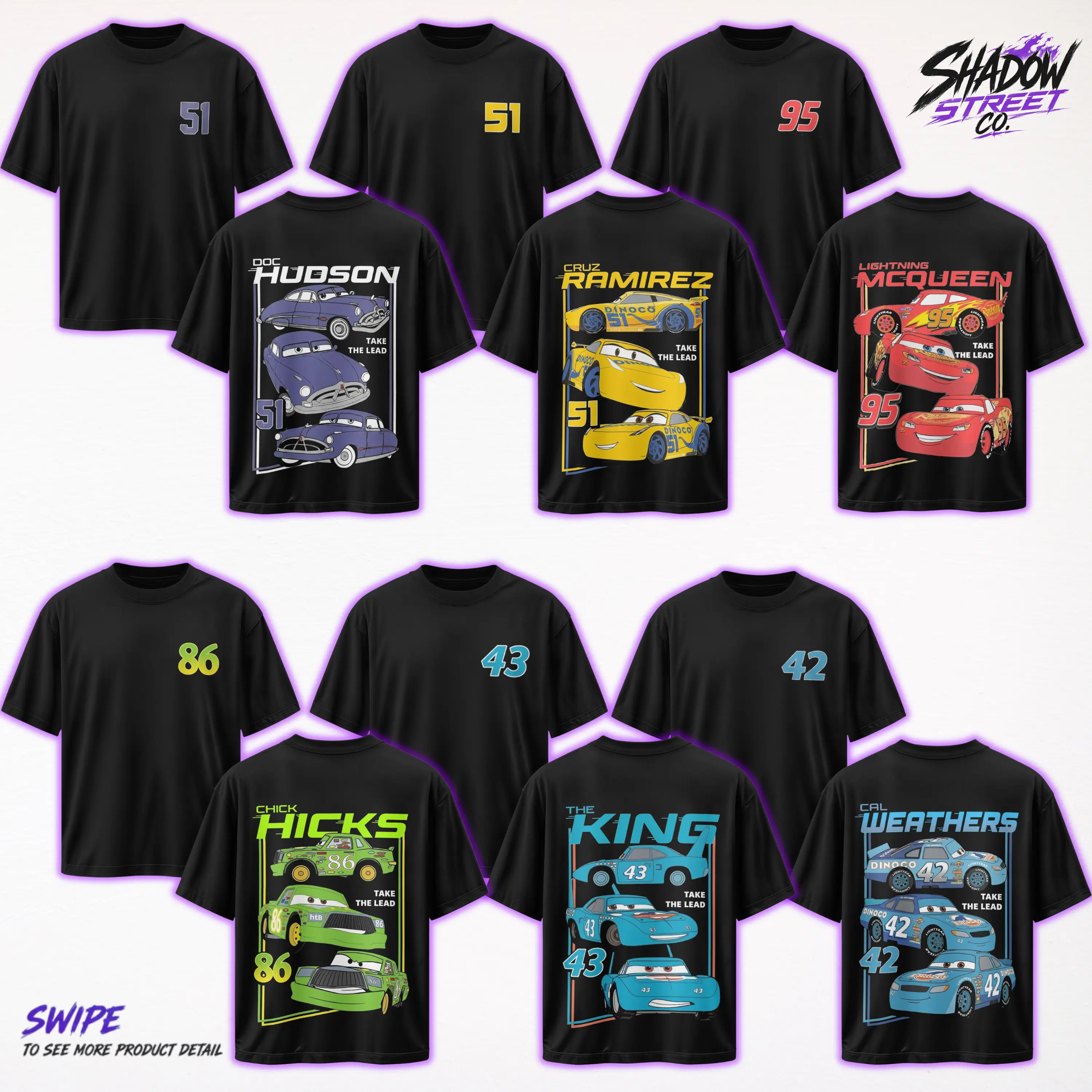 [Collection] Two Side Cars Movie T-Shirt Doc Hudson, Ramirez, Mcqueen, The King Vintage Unisex Graphic Tee - Top Trendy Y2K Classic Streetwear Racing Style For Fans