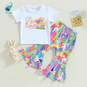 Kids Girls Clothes, Short Sleeve Round Neck Rabbit Print Tops Bell-Bottoms Trousers Casual Outfits