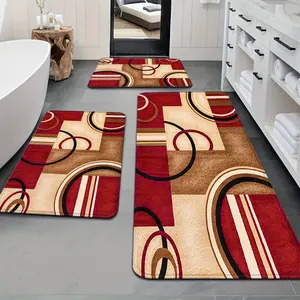 3pcs Fashion Simple Red Geometric Pattern Long Strip Rug Suitable for Kitchen, Bathroom Doorway, Laundry Room Decoration