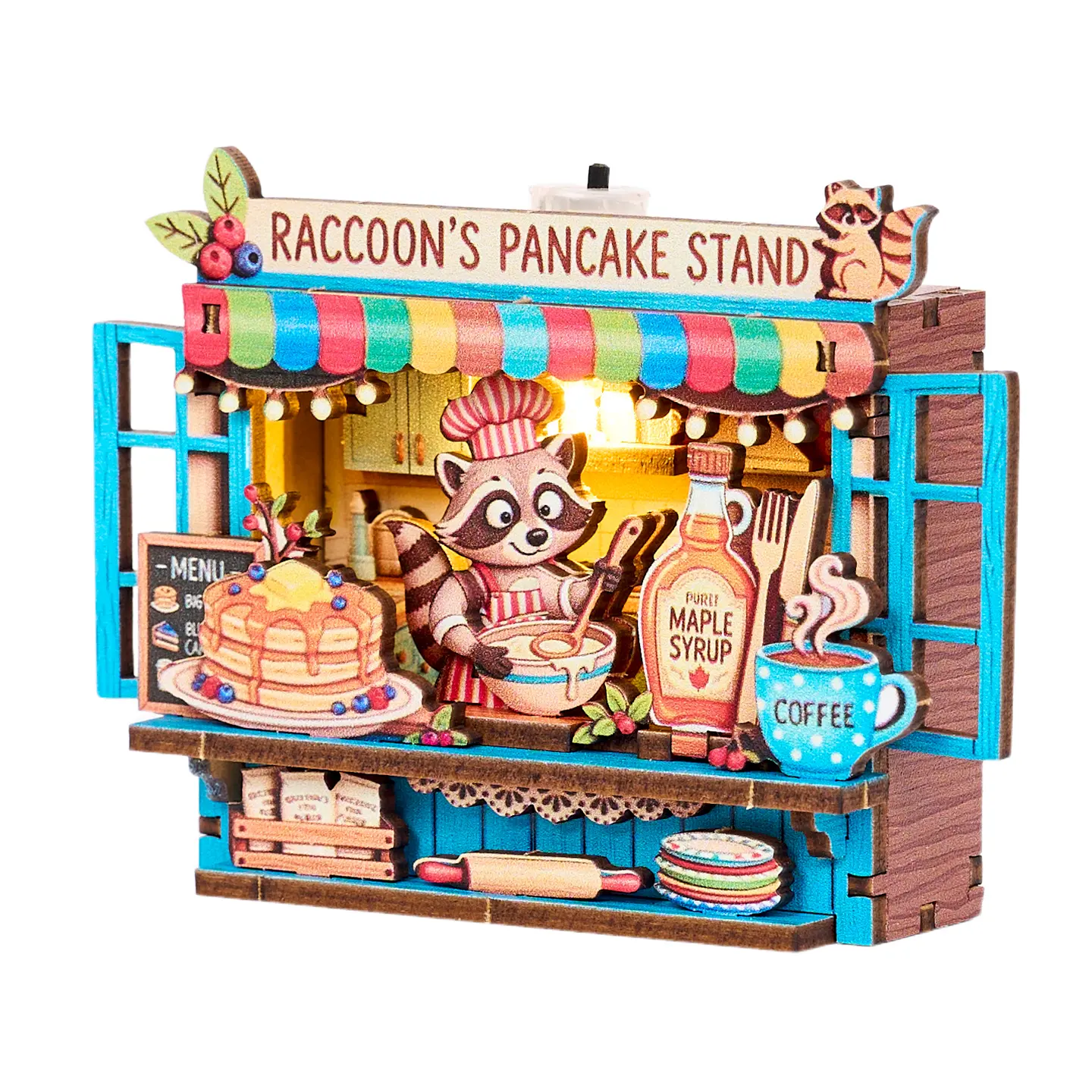 ETKVR RFM13 Palm-Sized Raccoon's Burrito Shop Magnetic Light-Up Mini House Construction Kit - Battery-Powered, DIY Crafts, UV Printing, Laser Cutting, 3 LR41 Cells, Self-Adhesive Fridge Magnet, House Decoration, Healing Power Home Decor Accessory