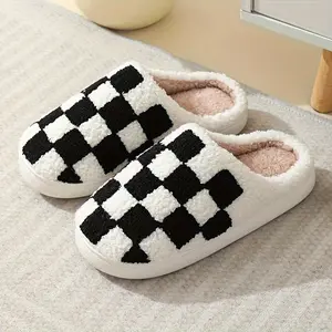 Women's Plaid Chessboard Retro Fluffy Slippers Round Toe Cozy Plush Warm TPR Sole Soft Fabric Indoor Shoes for Ladies
