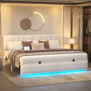 King Size Bed Frame with 3 Height Adjustable Headboard, Upholstered Leather Platform Bed with LED Light & Charging Station, Metal Frame Support mega bed